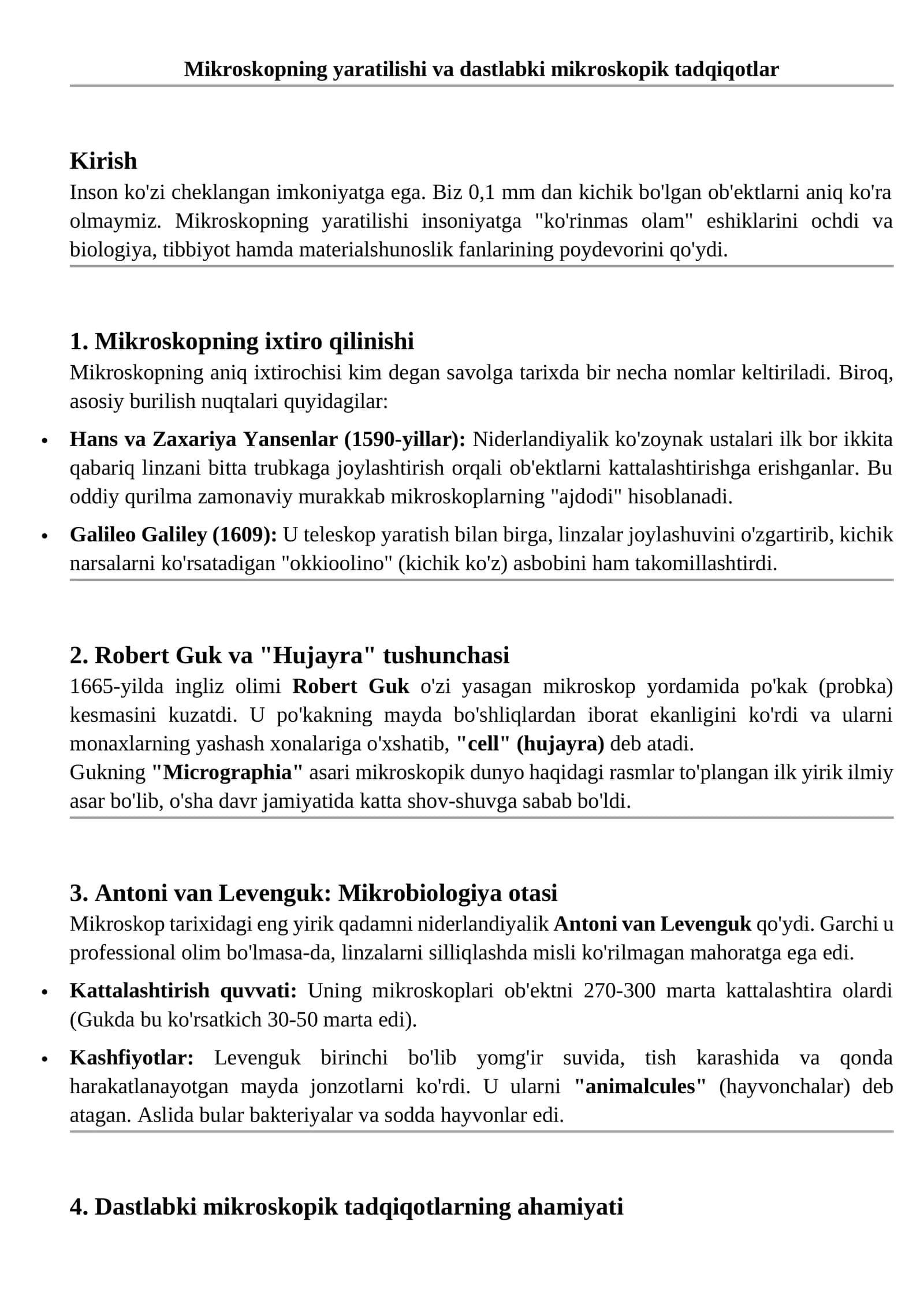 Mikroskopning yaratilishi va dastlabki mikroskopik tadqiqotlar 1