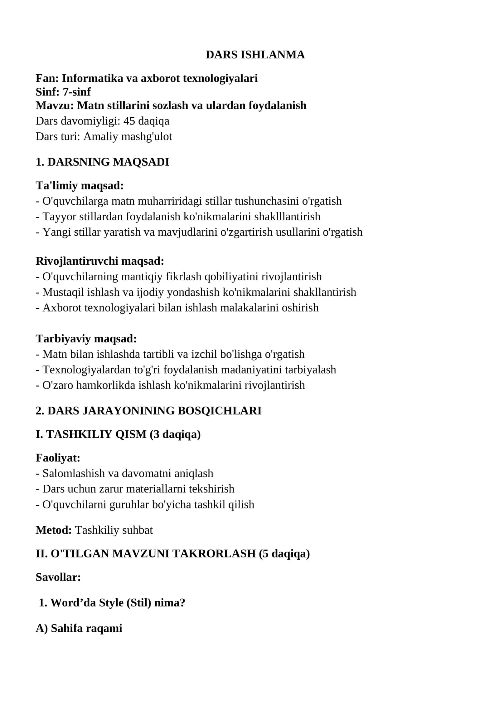 Matn stillarini sozlash va ulardan foydalanish 1