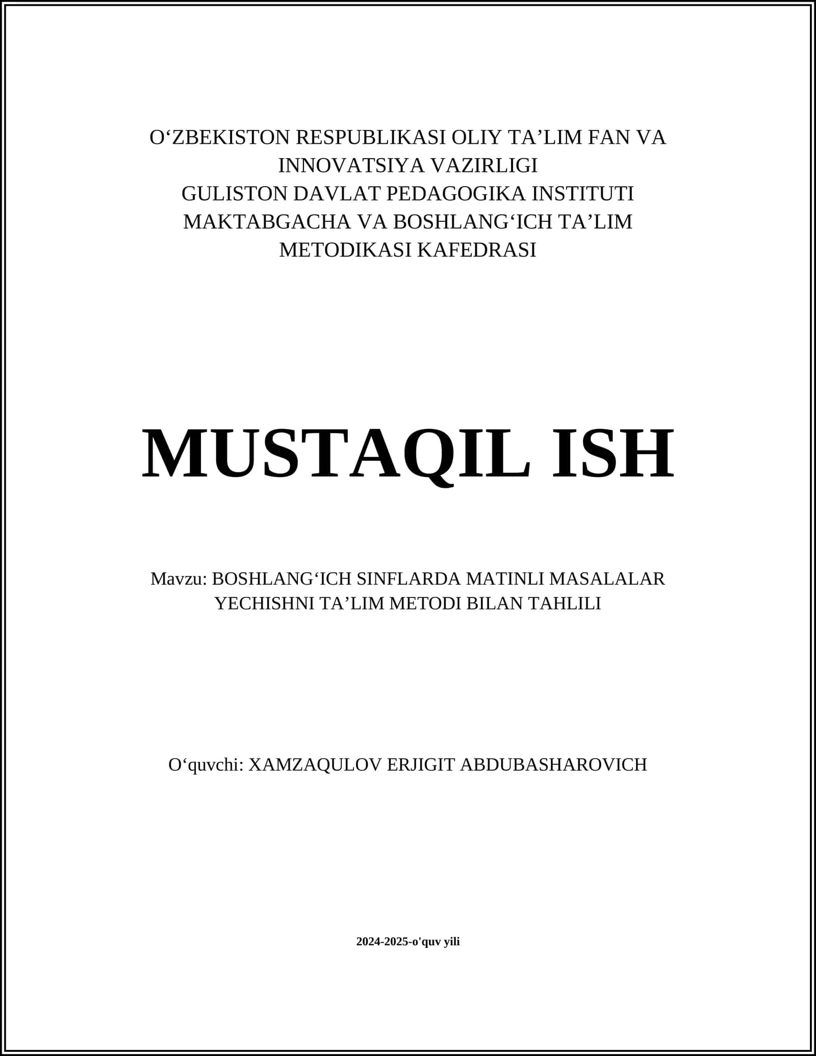 BOSHLANGʻICH SINFLARDA MATINLI MASALALAR YECHISHNI TAʼLIM METODI BILAN TAHLILI 1