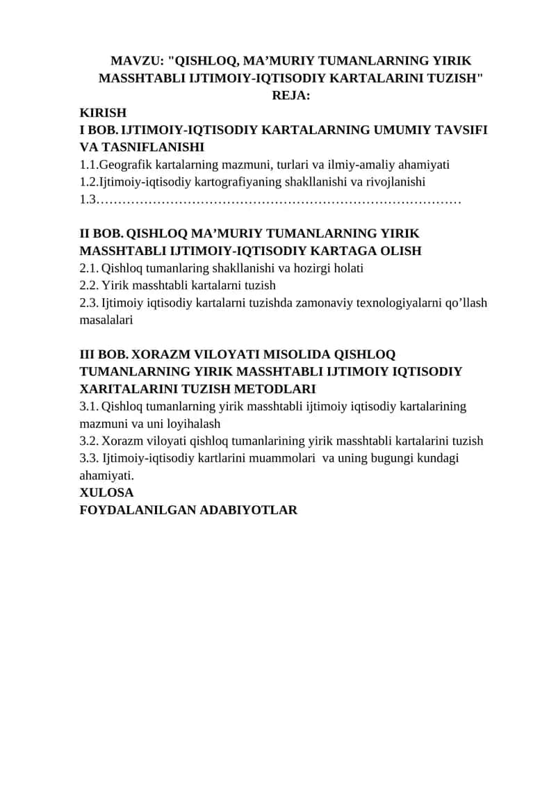 "QISHLOQ, MA’MURIY TUMANLARNING YIRIK MASSHTABLI IJTIMOIY-IQTISODIY KARTALARINI TUZISH" 1