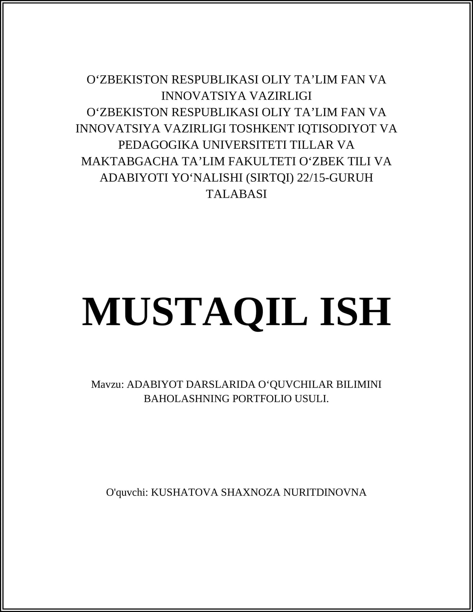 Portfolio usulining nazariy asoslari va maqsadlari adabiyot darslarida 1