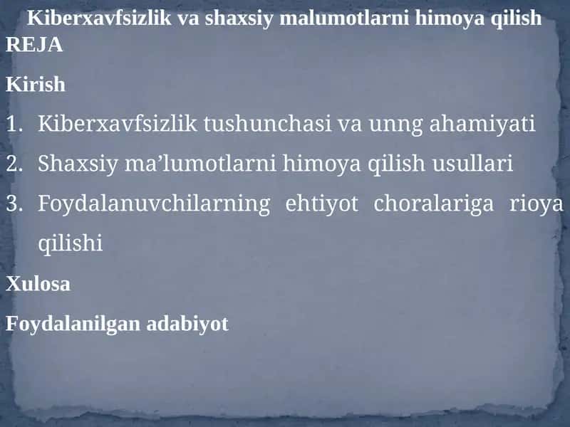 Kiberxavfsizlik va shaxsiy ma'lumotlarni himoyalash 1