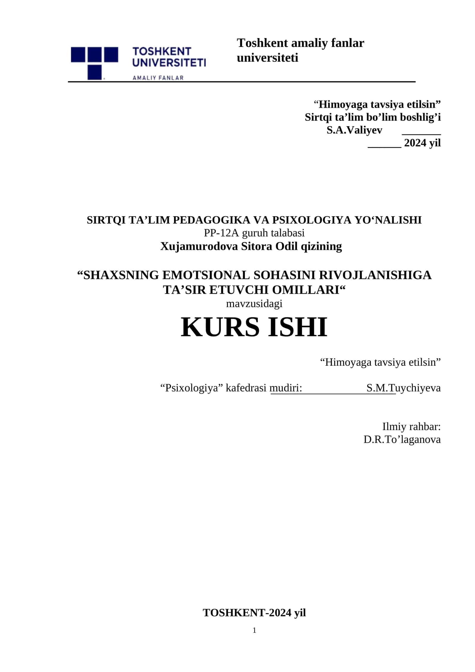 KURS ISHI "Himoyaga tavsiya etilsin" 1