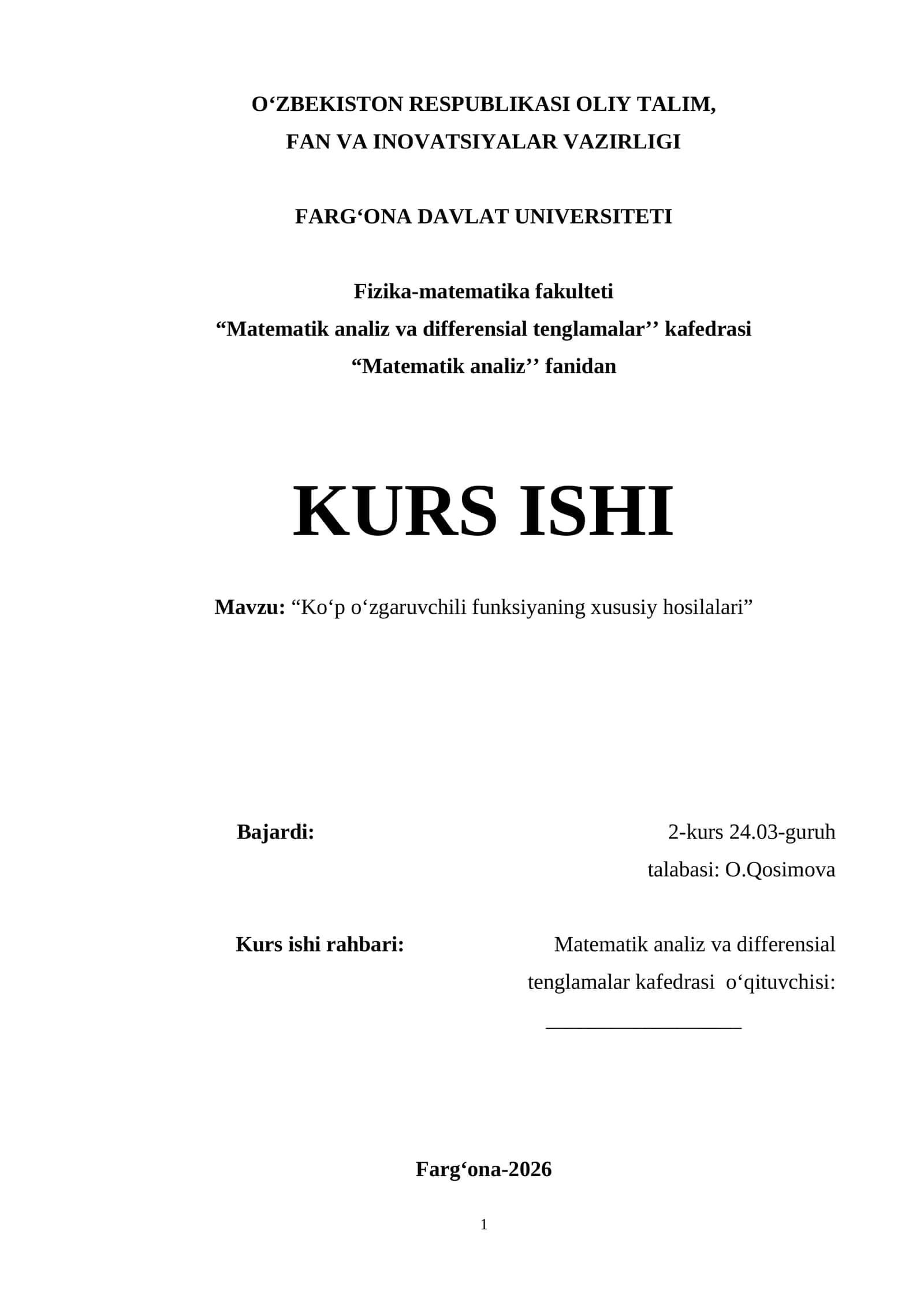 Ko‘p o‘zgaruvchili funksiyaning xususiy hosilalari 26 1