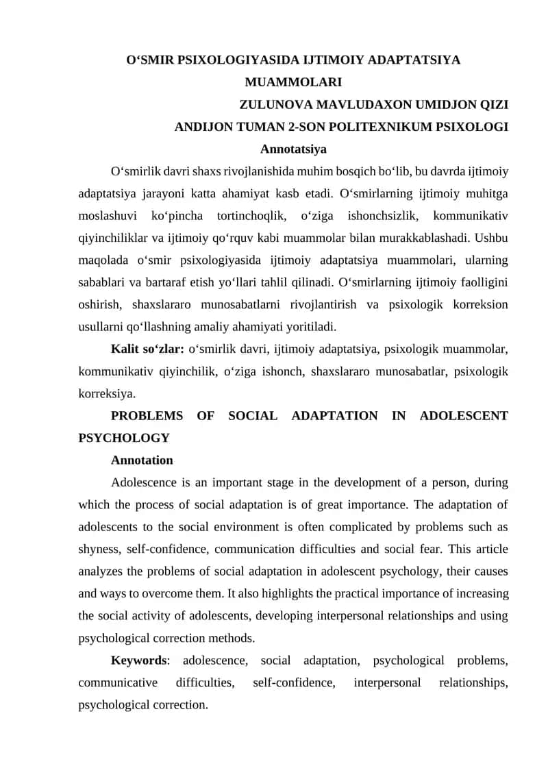Oʻsmir Psixologiyasida Ijtimoiy Adaptatsiya Muammolari 1