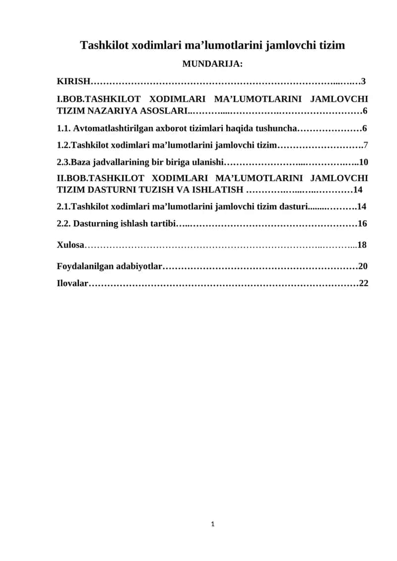 Tashkilot xodimlari ma’lumotlarini jamlovchi tizim 1
