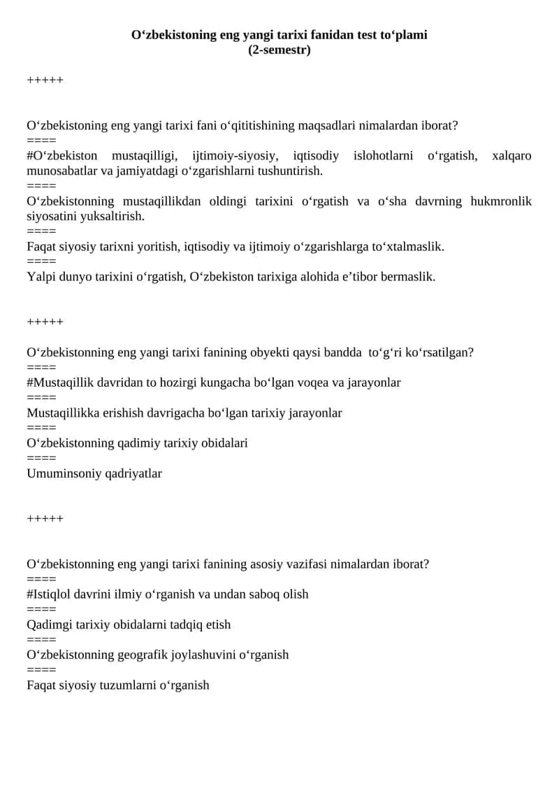 O‘zbekistoning eng yangi tarixi fanidan test to‘plami 1
