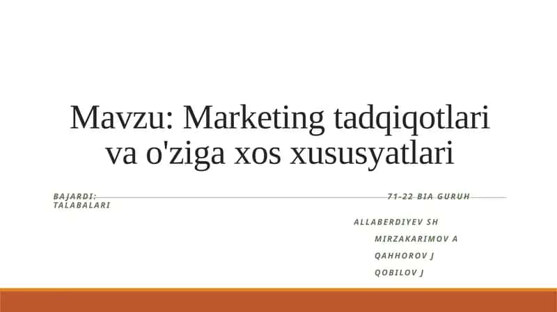 Marketing tadqiqotlari va o'ziga xos axborotlar tizimi 1