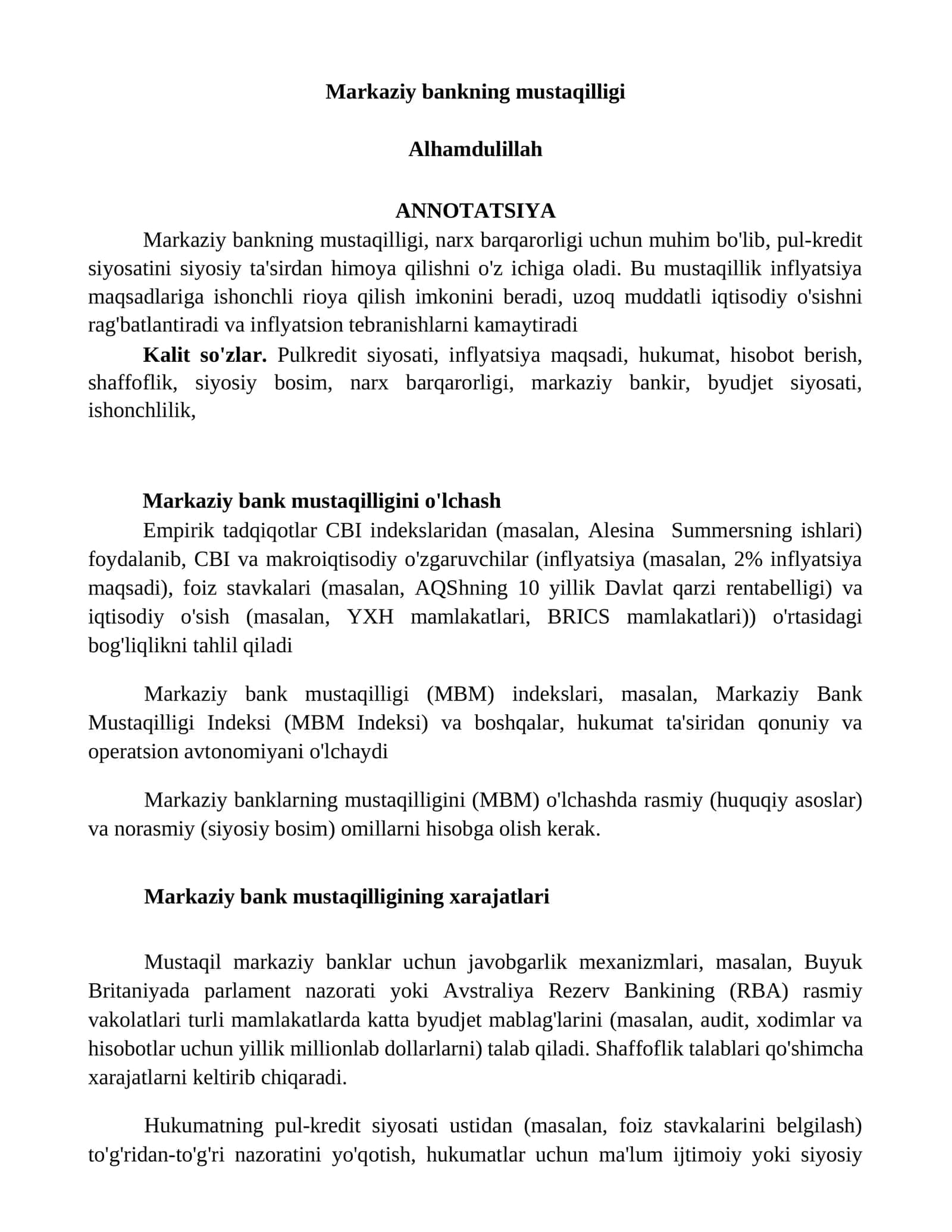Markaziy bankning mustaqilligi 1