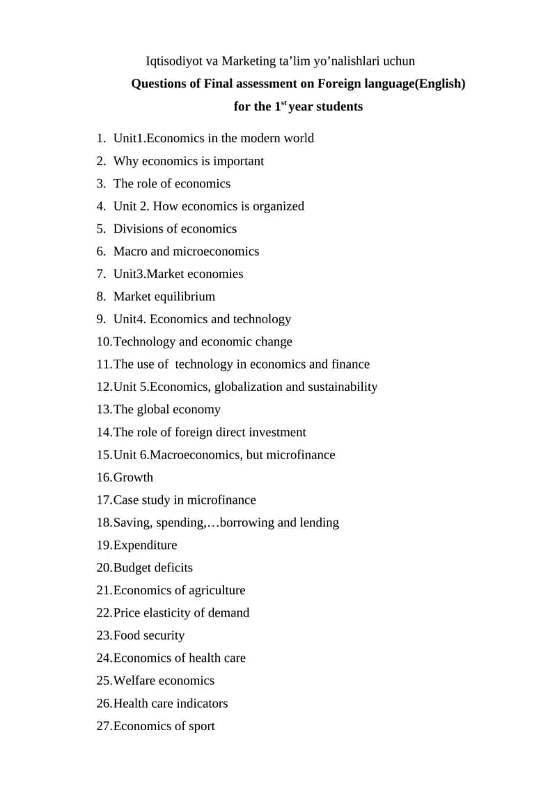 Final assessment on Foreign language(English) 1