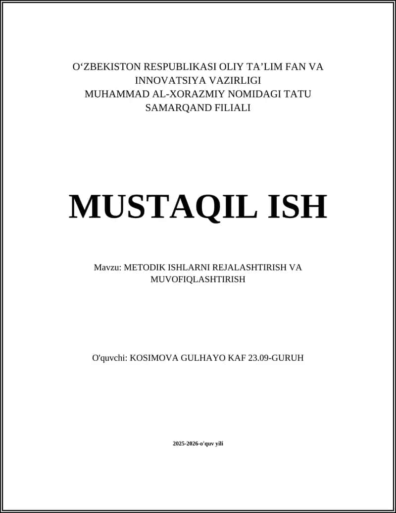 METODIK ISHLARNI REJALASHTIRISH VA MUVOFIQLASHTIRISH 1