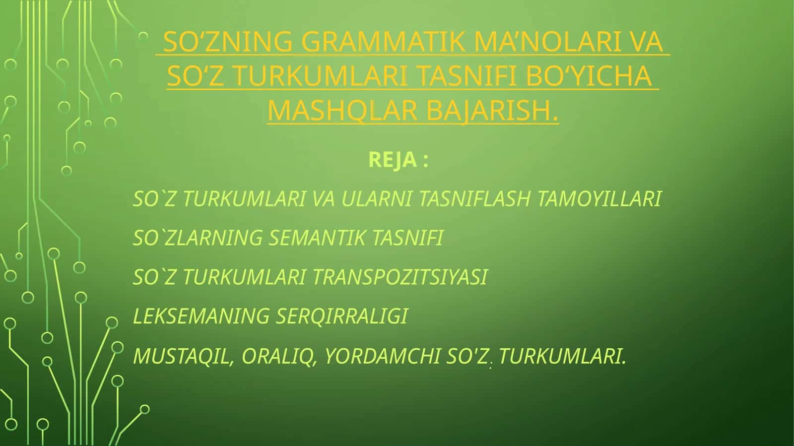 So‘zning grammatik ma’nolari va so‘z turkumlari tasnifi bo‘yicha mashqlar bajarish 1