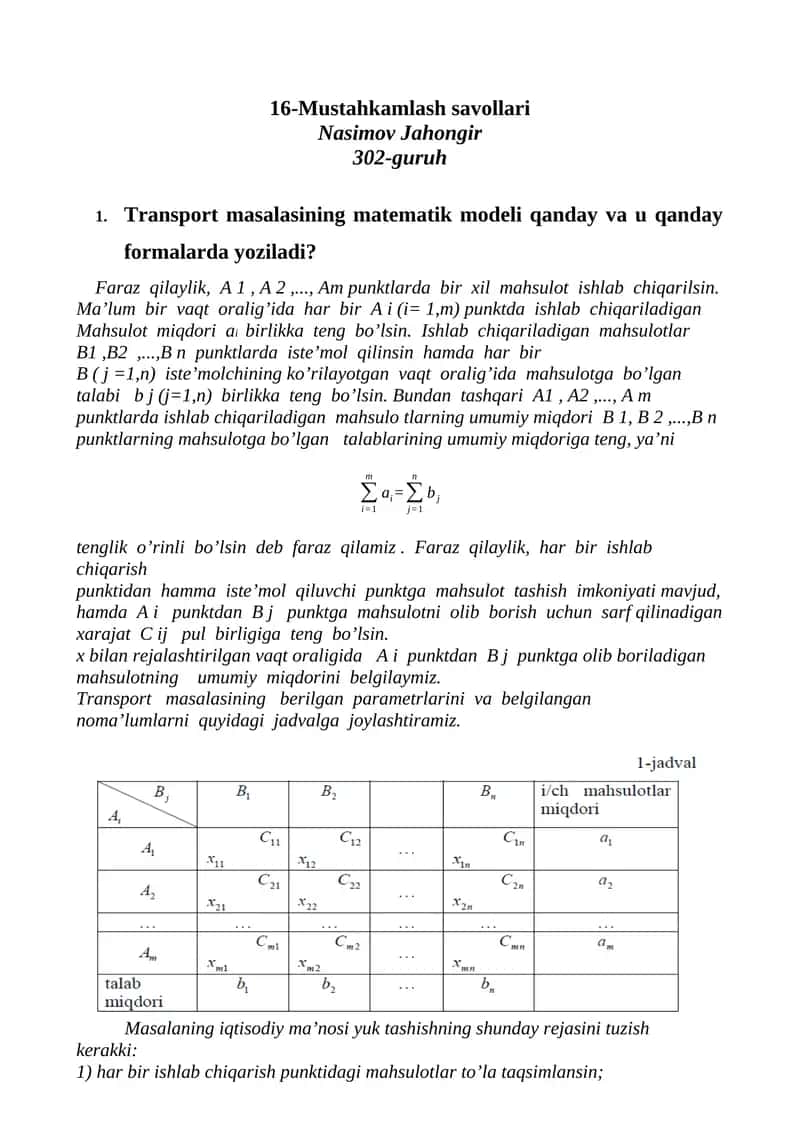 Transport masalasining matematik modeli 1