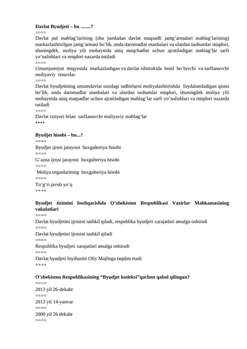 Byudjet hisobi fanidan testlar Yakuniy 1