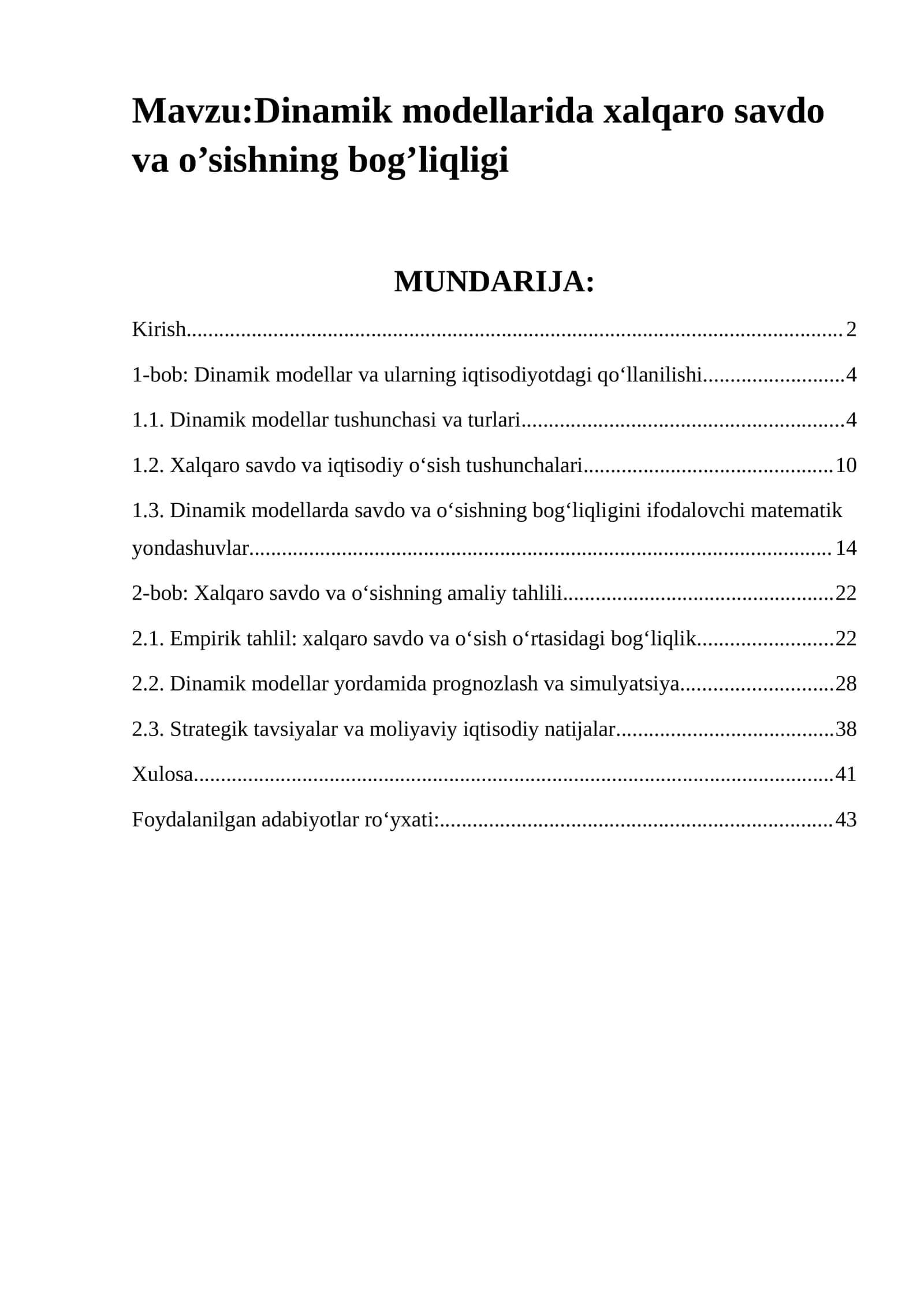 Dinamik modellarida xalqaro savdo va o’sishning bog’liqligi 1