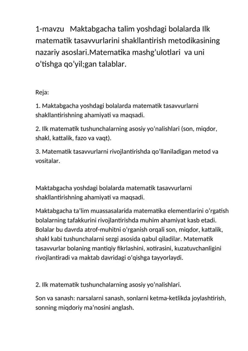 Maktabgacha talim yoshdagi bolalarda Ilk matematik tasavvurlarini shakllantirish metodikasi 1