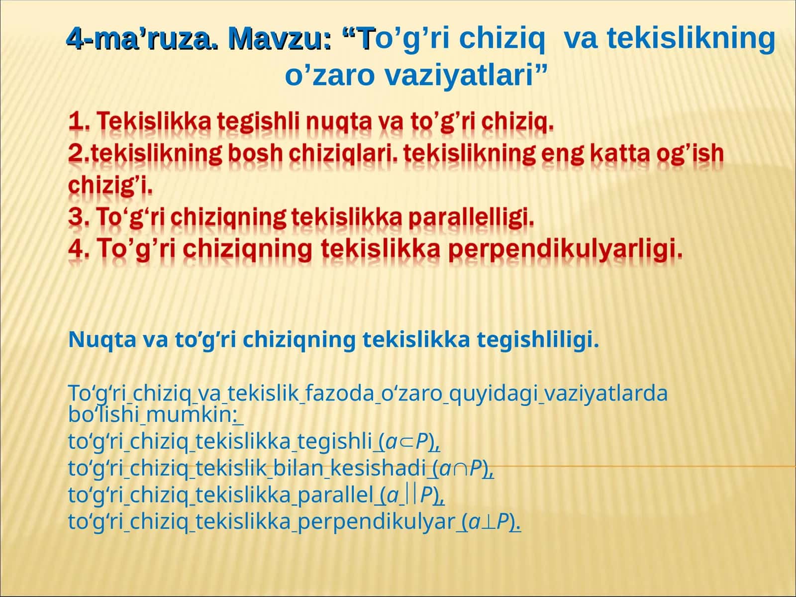 To‘g‘ri chiziq va tekislikning o’zaro vaziyatlari 1