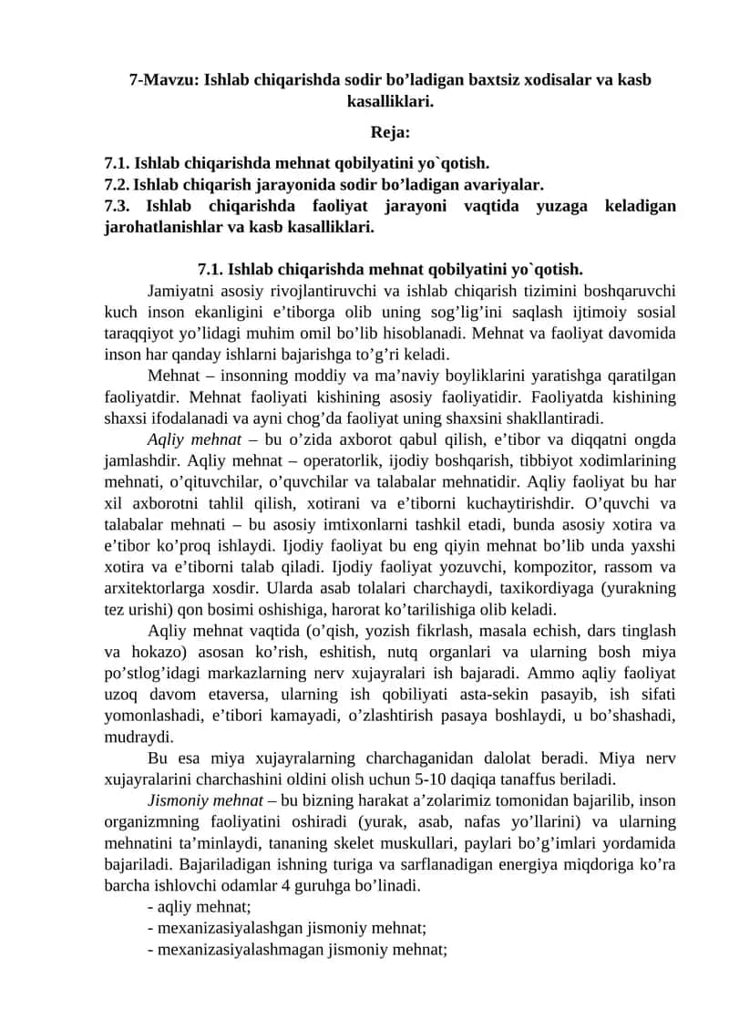 7-Mavzu: Ishlab chiqarishda sodir bo’ladigan baxtsiz xodisalar va kasb kasalliklari. 1