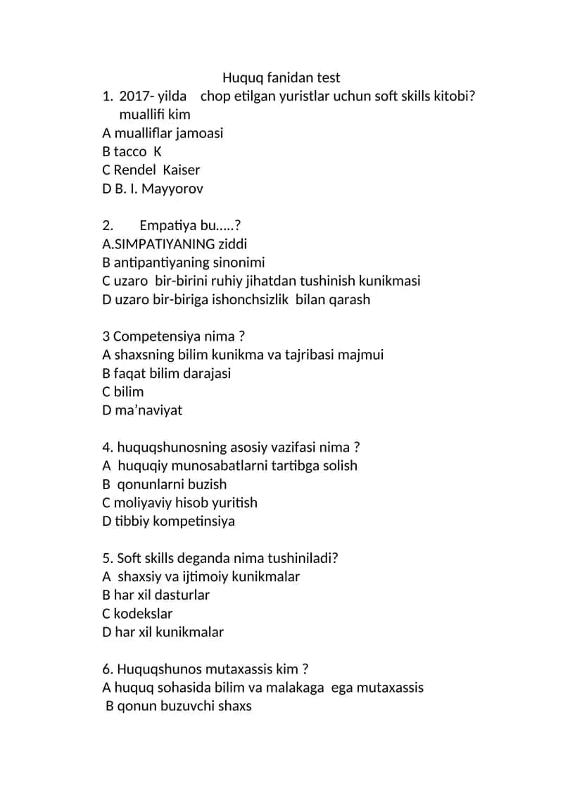 Huquq fanidan test 1