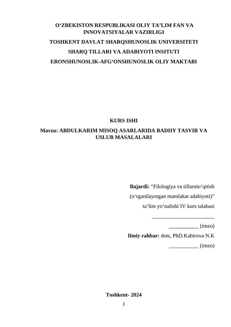ABDULKARIM MISOQ ASARLARIDA BADIIY TASVIR VA USLUB MASALALARI 1