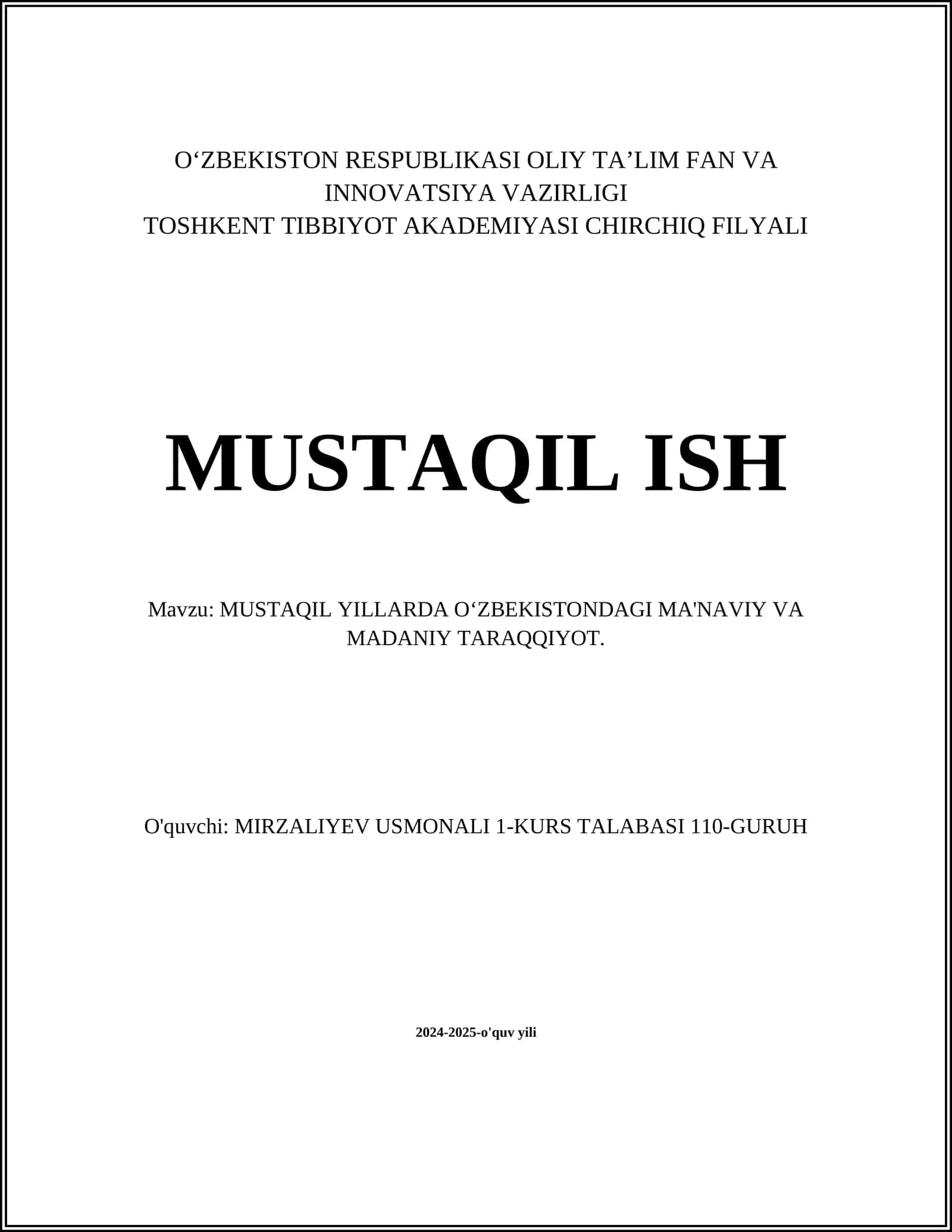 MUSTAQIL YILLARDA OʻZBEKISTONDAGI MA'NAVIY VA MADANIY TARAQQIYOT 1