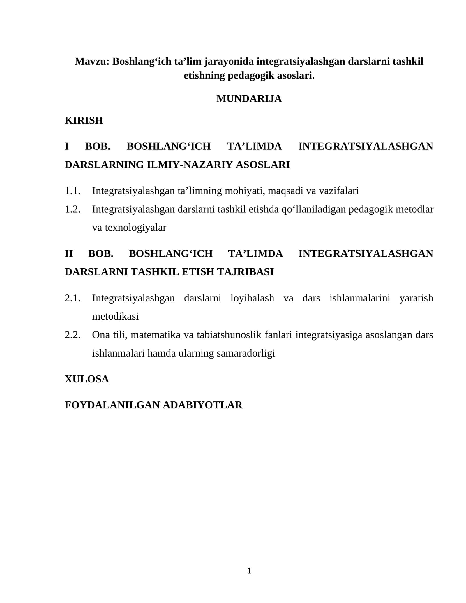 Boshlang‘ich ta’lim jarayonida integratsiyalashgan darslarni tashkil etishning pedagogik asoslari 1