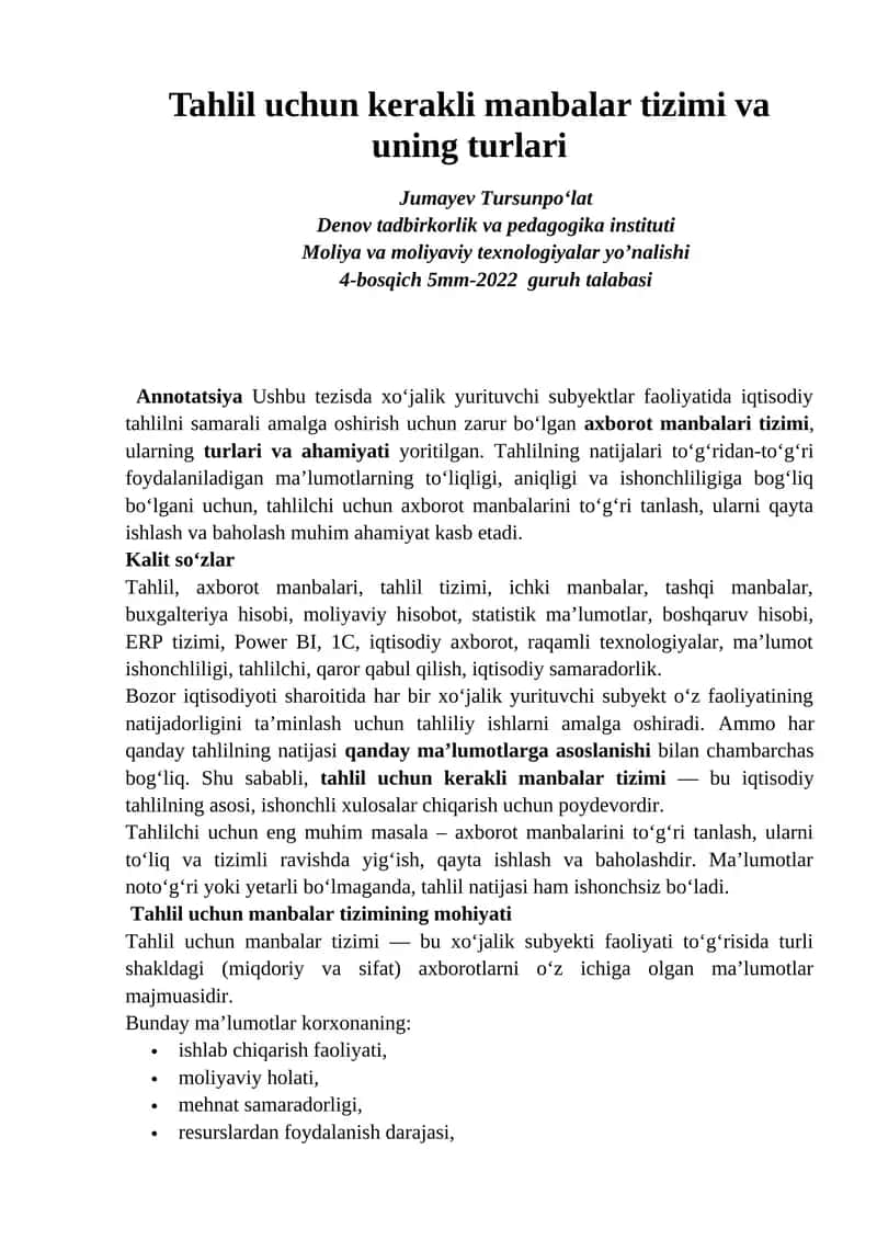 Tahlil uchun kerakli manbalar tizimi va uning turlari 1