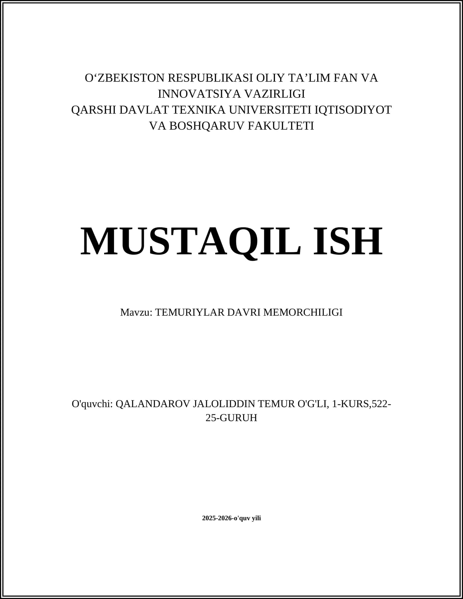TEMURIYLAR DAVRI MEMORCHILIGI 1