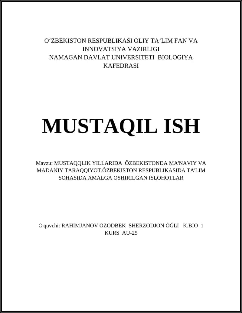 MUSTAQQLIK YILLARIDA ÕZBEKISTONDA MA'NAVIY VA MADANIY TARAQQIYOT 1