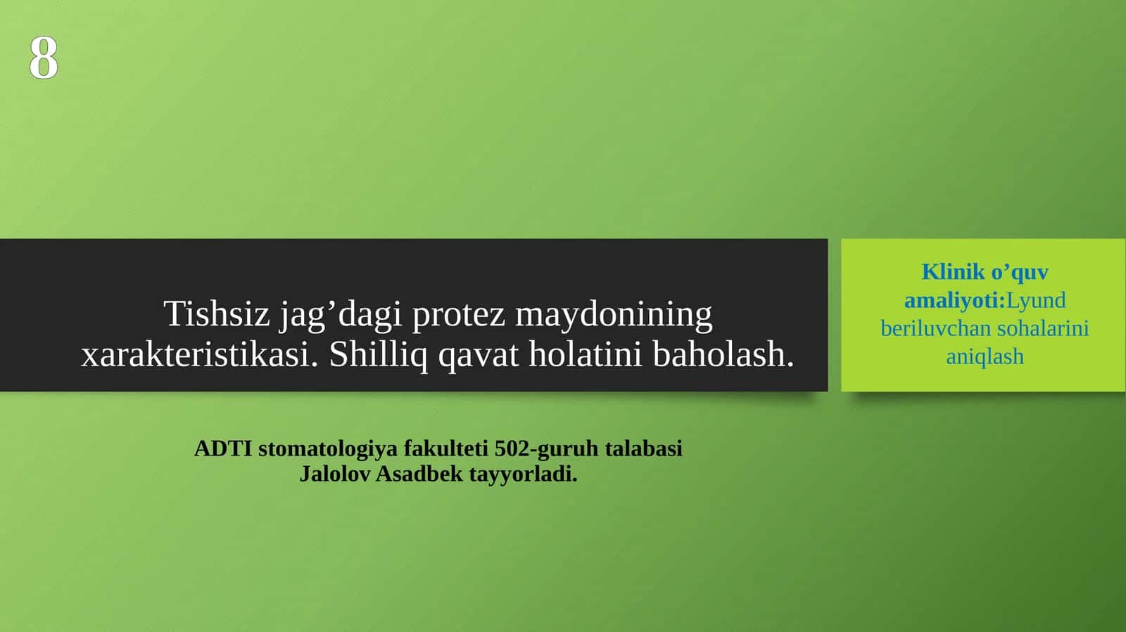 Tishsiz jag’dagi protez maydonining xarakteristikasi. Shilliq qavat holatini baholash. 1