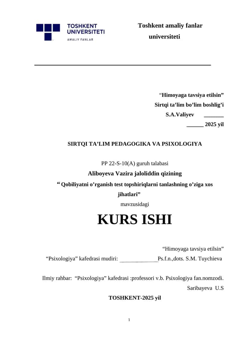 Qobiliyatni o’rganish test topshiriqlarni tanlashning o’ziga xos jihatlari 1