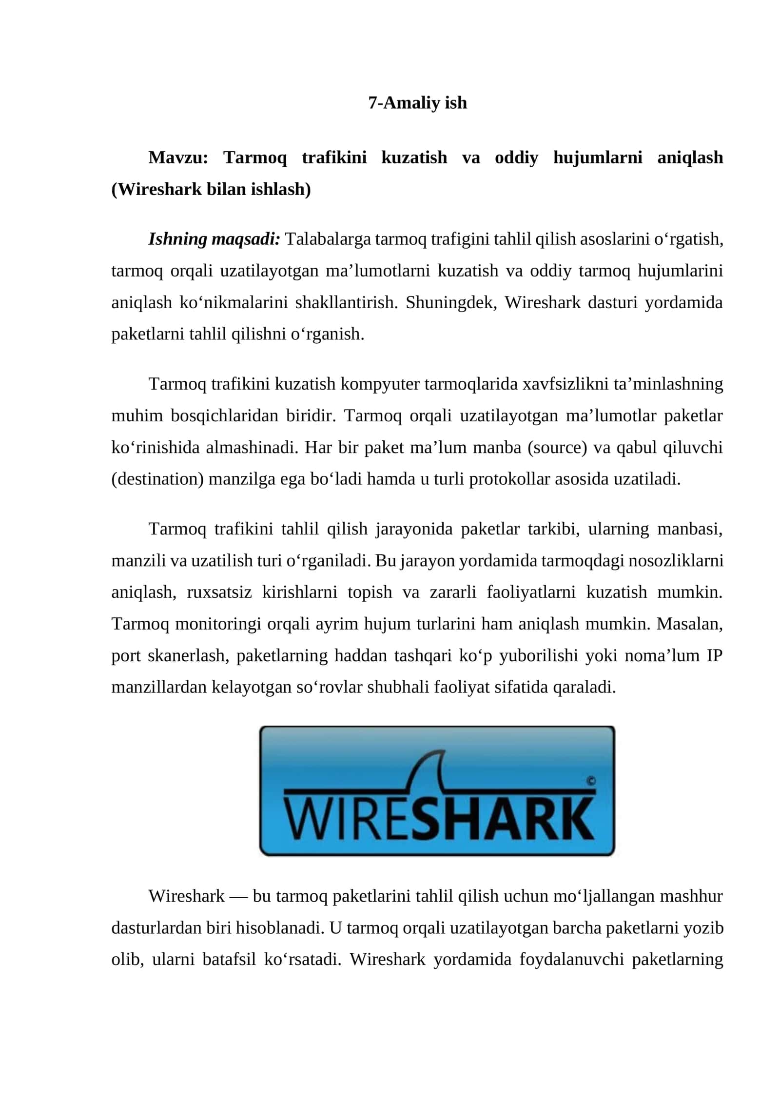 Tarmoq trafikini kuzatish va oddiy hujumlarni aniqlash (Wireshark bilan ishlash) 1