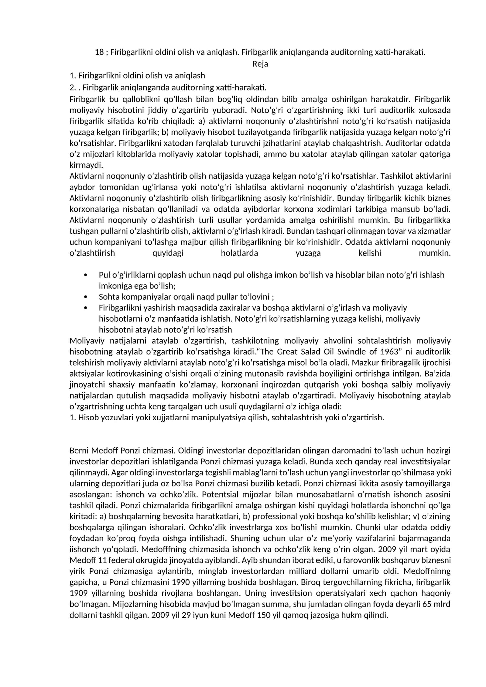 Firibgarlikni oldini olish va aniqlash. Firibgarlik aniqlanganda auditorning xatti-harakati 1