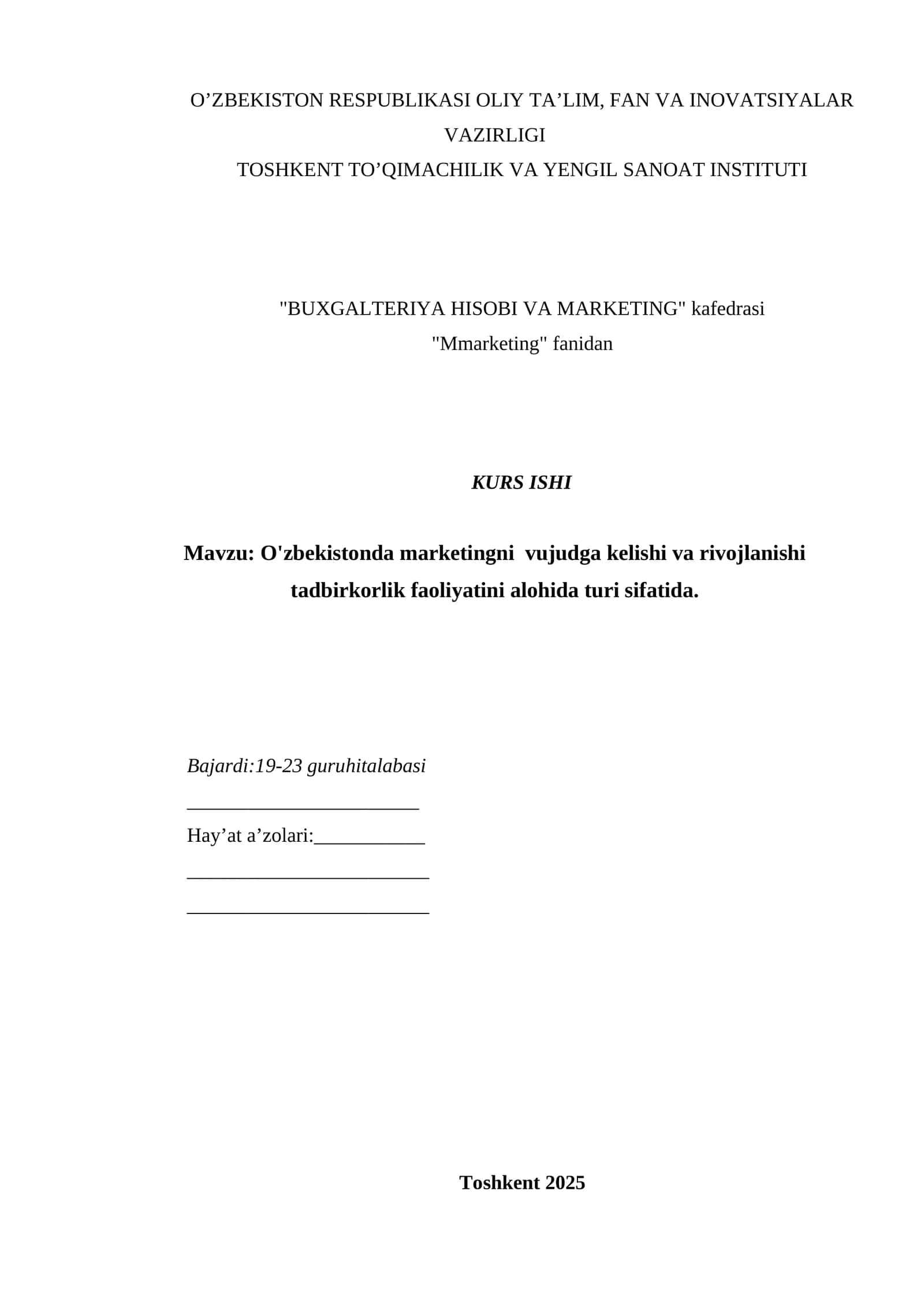 O'zbekistonda marketingni  vujudga kelishi va rivojlanishi tadbirkorlik faoliyatini alohida turi sifatida. 1
