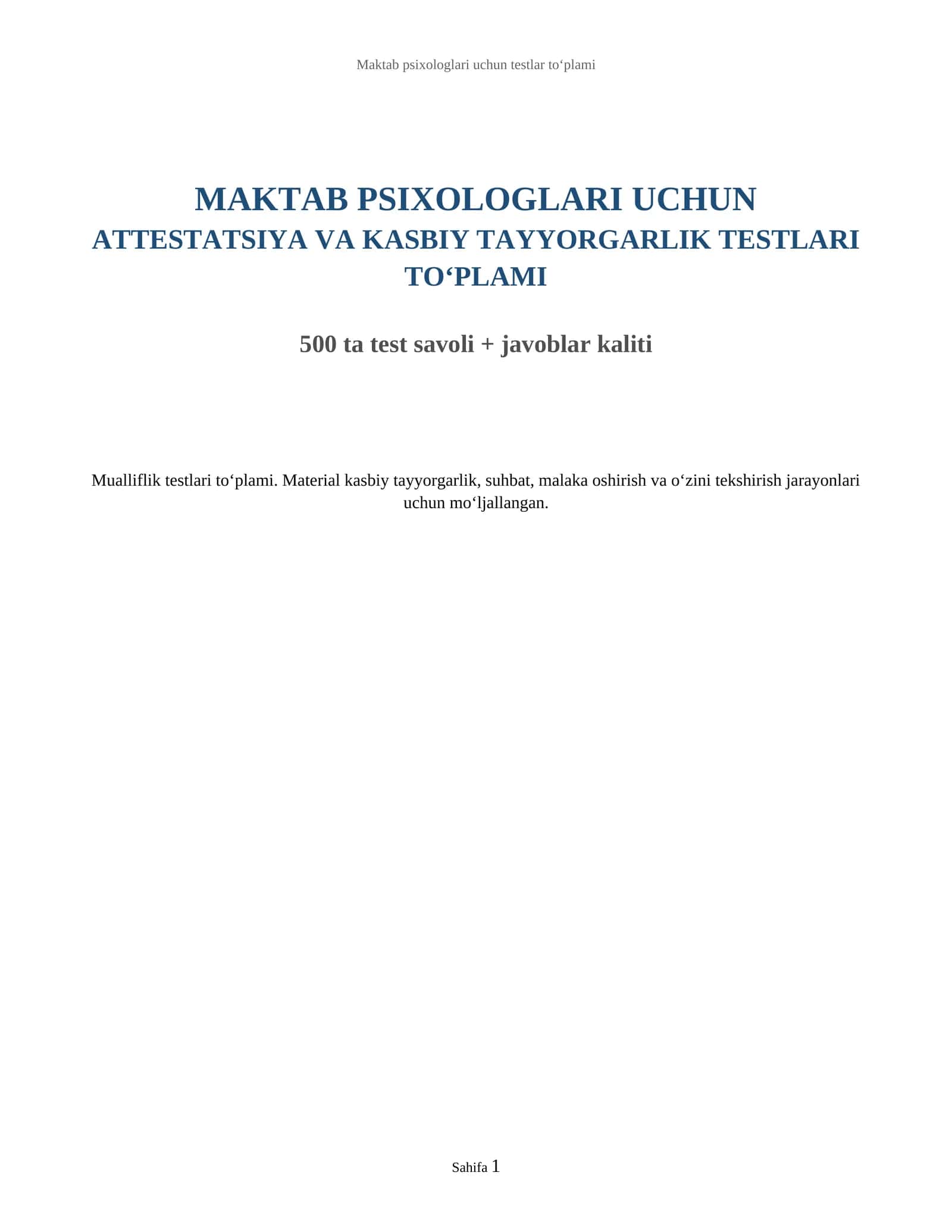 Maktab psixologlari uchun testlar to‘plami 1