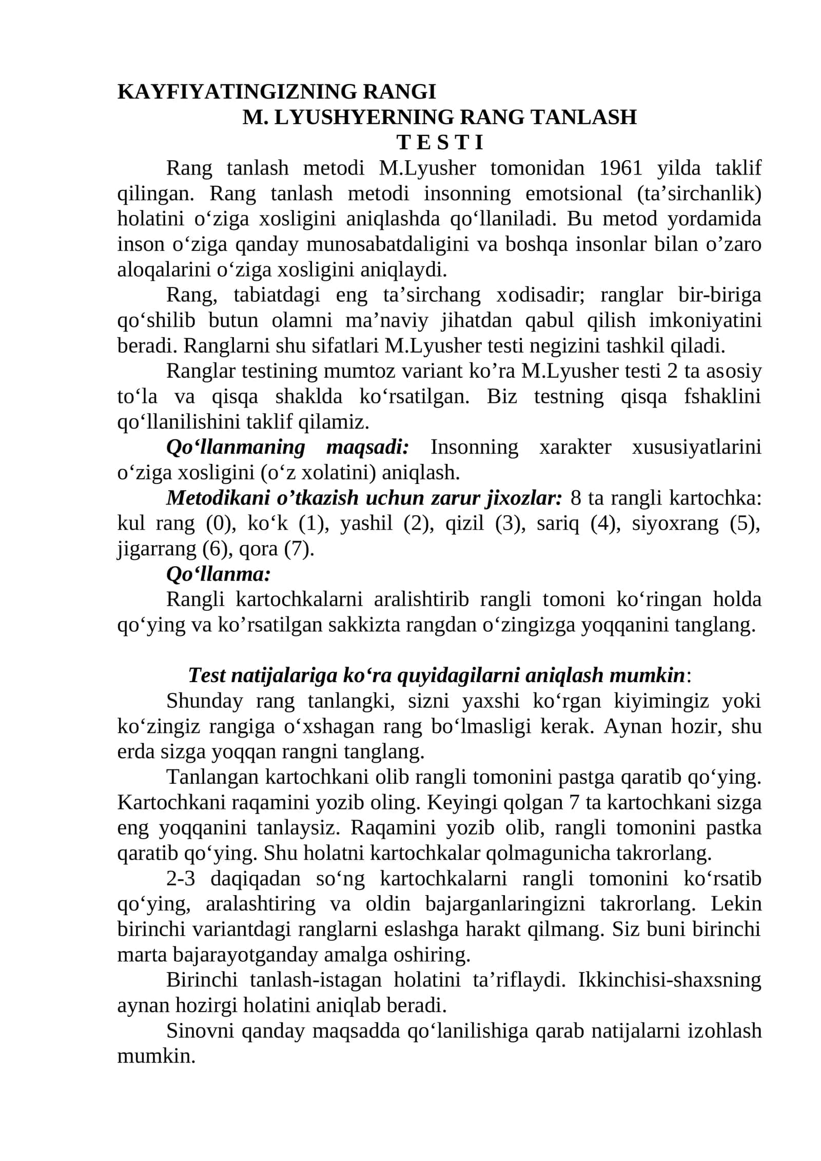 KAYFIYATINGIZNING RANGI 1