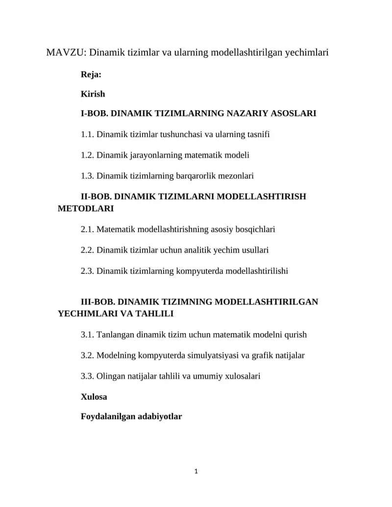 Dinamik tizimlar va ularning modellashtirilgan yechimlari 1