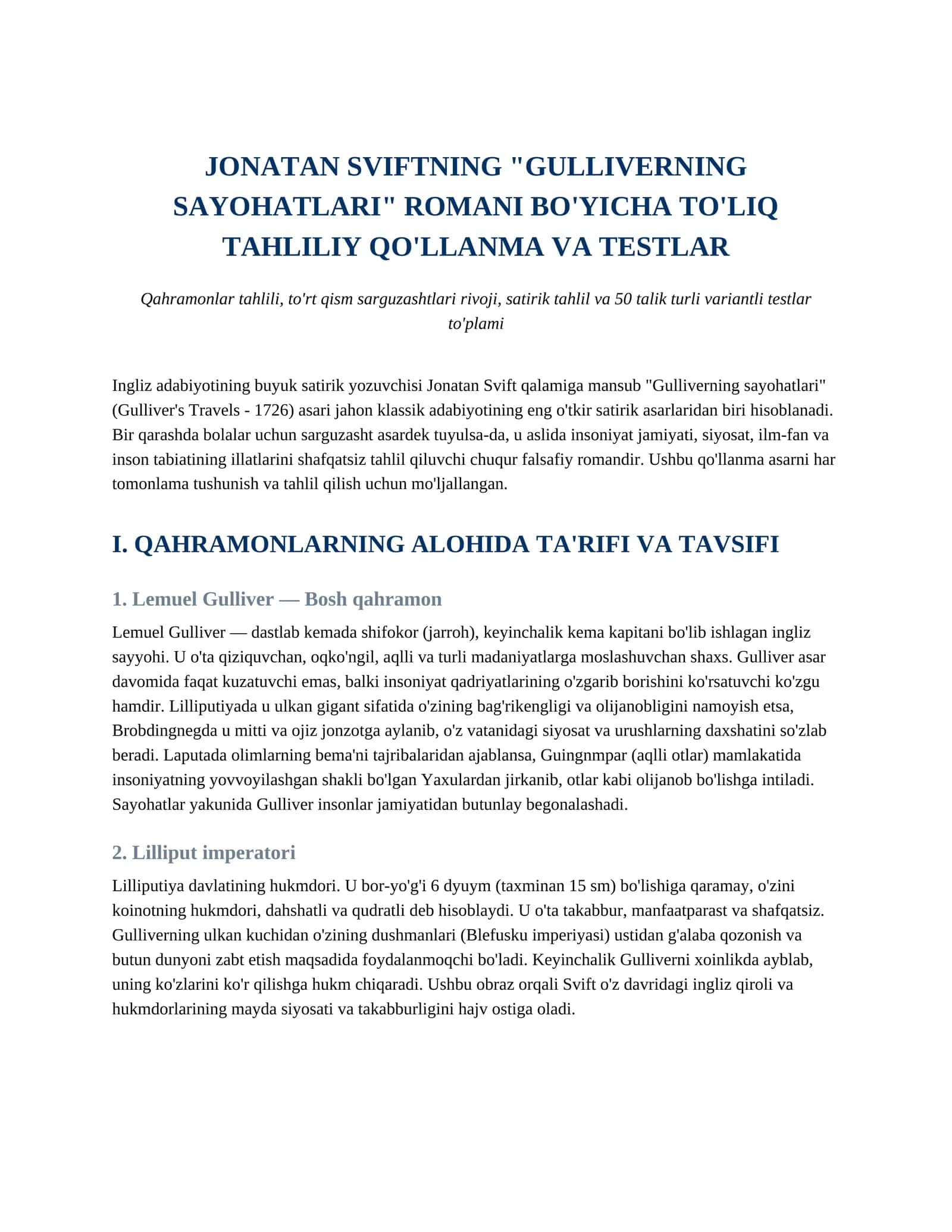 JONATAN SVIFTNING "GULLIVERNING SAYOHATLARI" ROMANI BO'YICHA TO'LIQ TAHLILIY QO'LLANMA VA TESTLAR 1