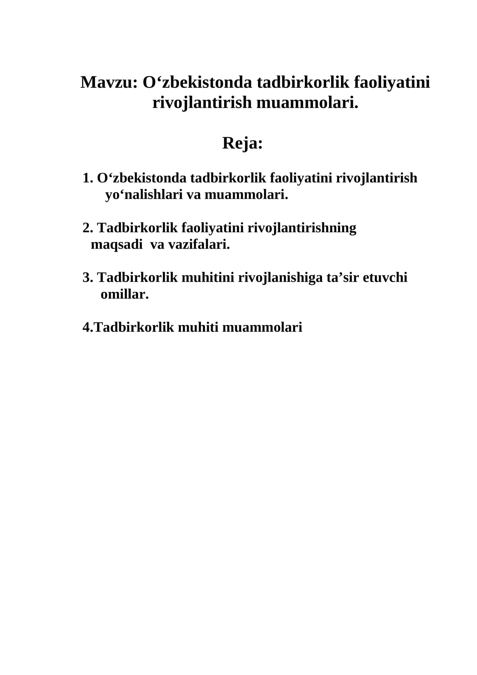 О‘zbekistonda tadbirkorlik faoliyatini rivojlantirish muammolari 1