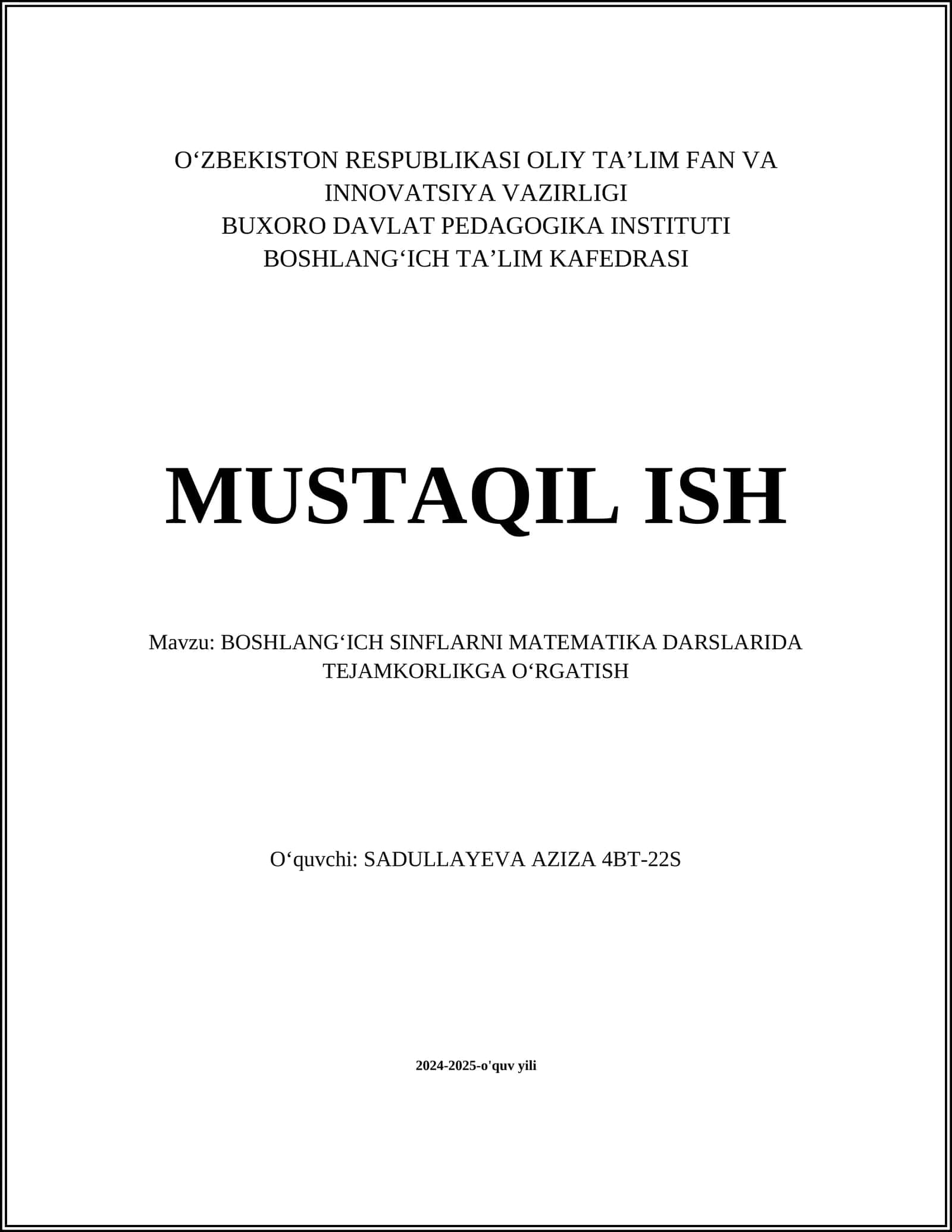 BOSHLANGʻICH SINFLARNI MATEMATIKA DARSLARIDA TEJAMKORLIKGA OʻRGATISH 1