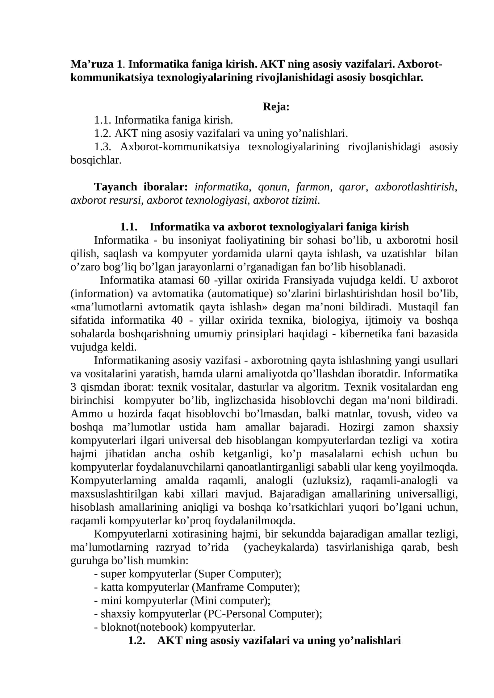 Informatika va axborot texnologiyalari faniga kirish 1