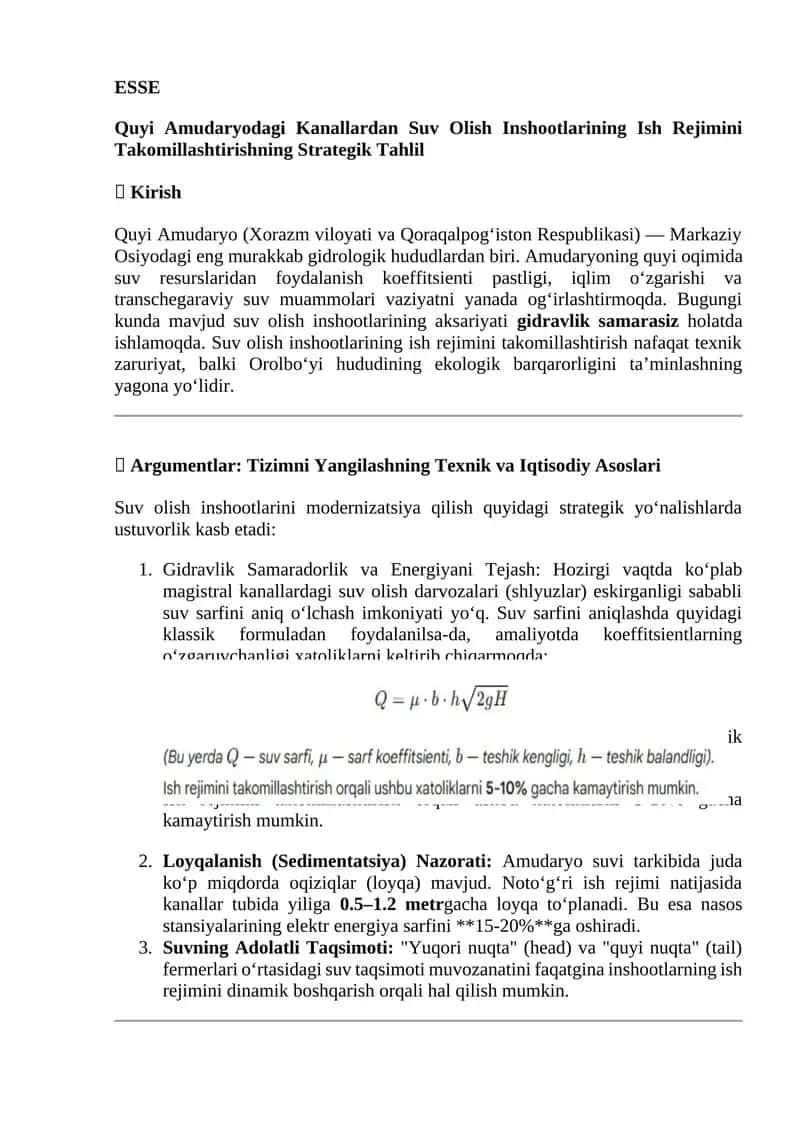 Quyi Amudaryodagi Kanallardan Suv Olish Inshootlarining Ish Rejimini Takomillashtirishning Strategik Tahlil 1