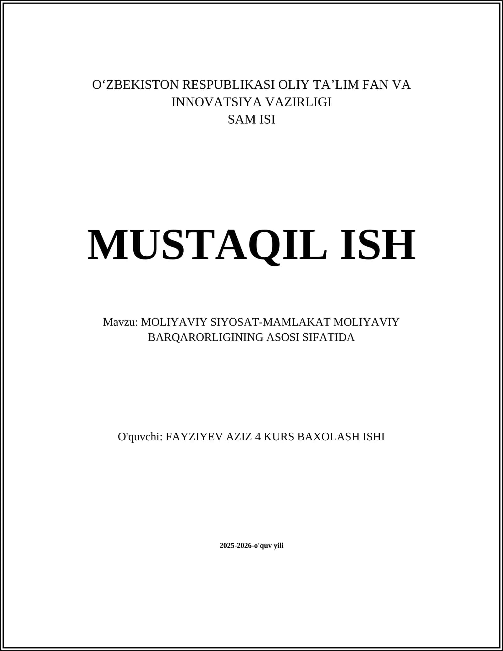 MOLIYAVIY SIYOSAT-MAMLAKAT MOLIYAVIY BARQARORLIGINING ASOSI SIFATIDA 1