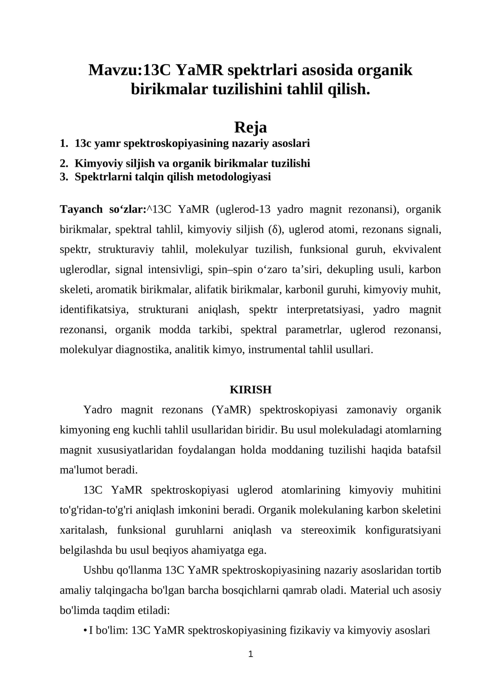 13C YaMR spektrlari asosida organik birikmalar tuzilishini tahlil qilish. 1