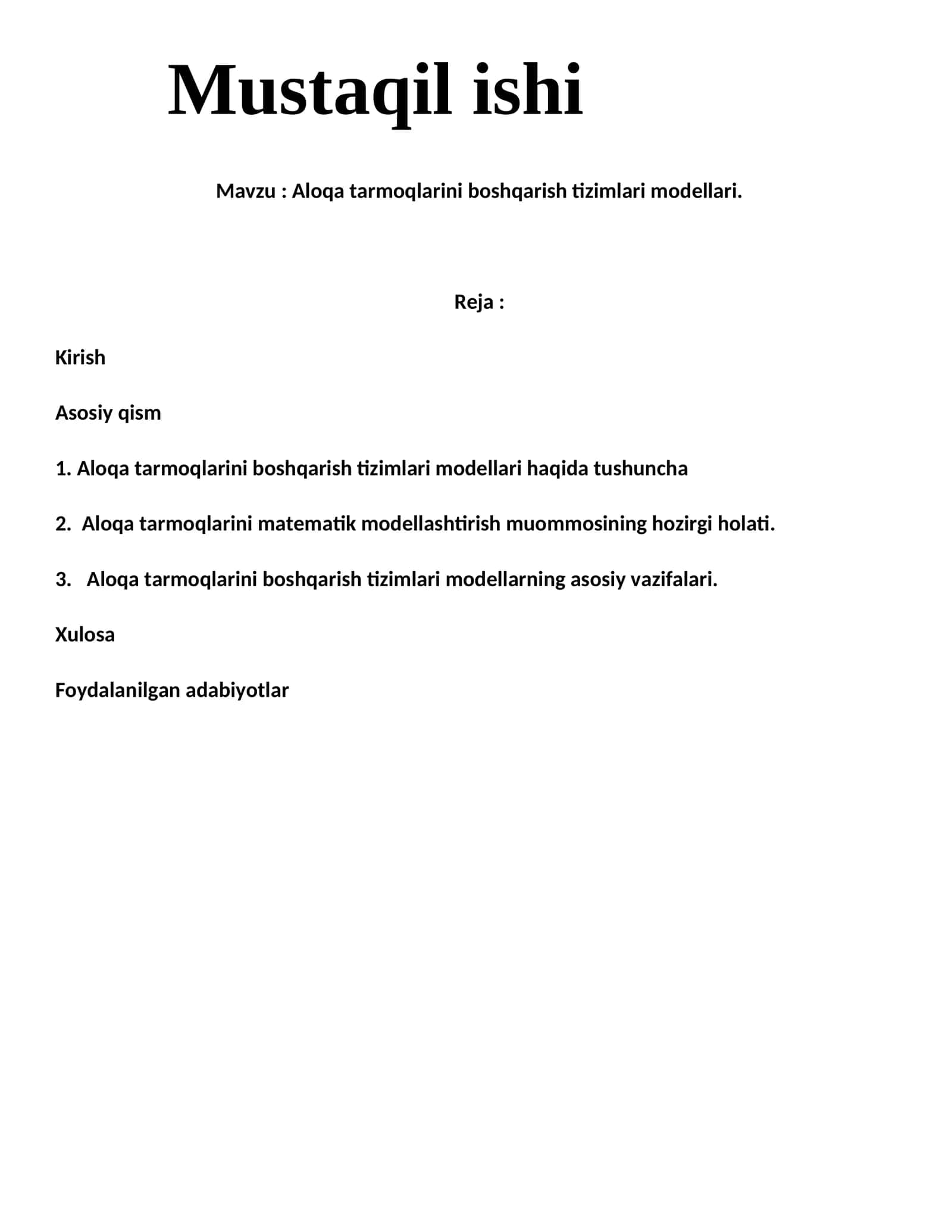 Aloqa tarmoqlarini boshqarish tizimlari modellari. 1