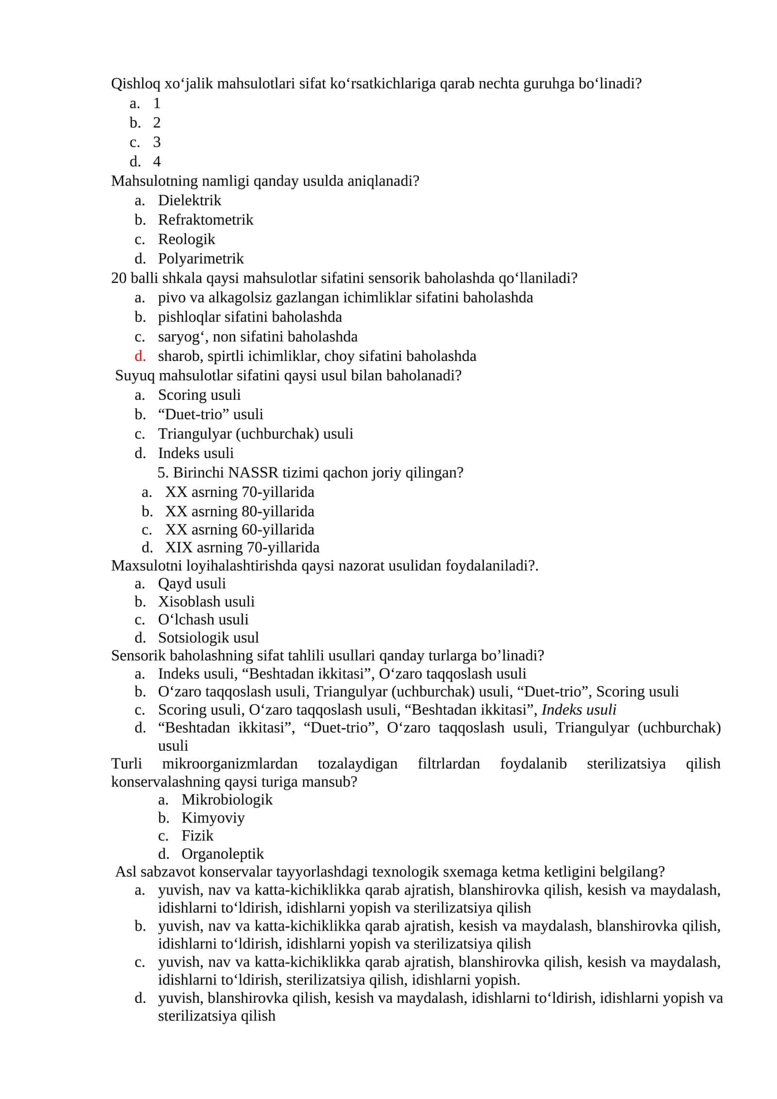 Qishloq xo‘jalik mahsulotlari sifat ko‘rsatkichlariga qarab nechta guruhga bo‘linadi? 1