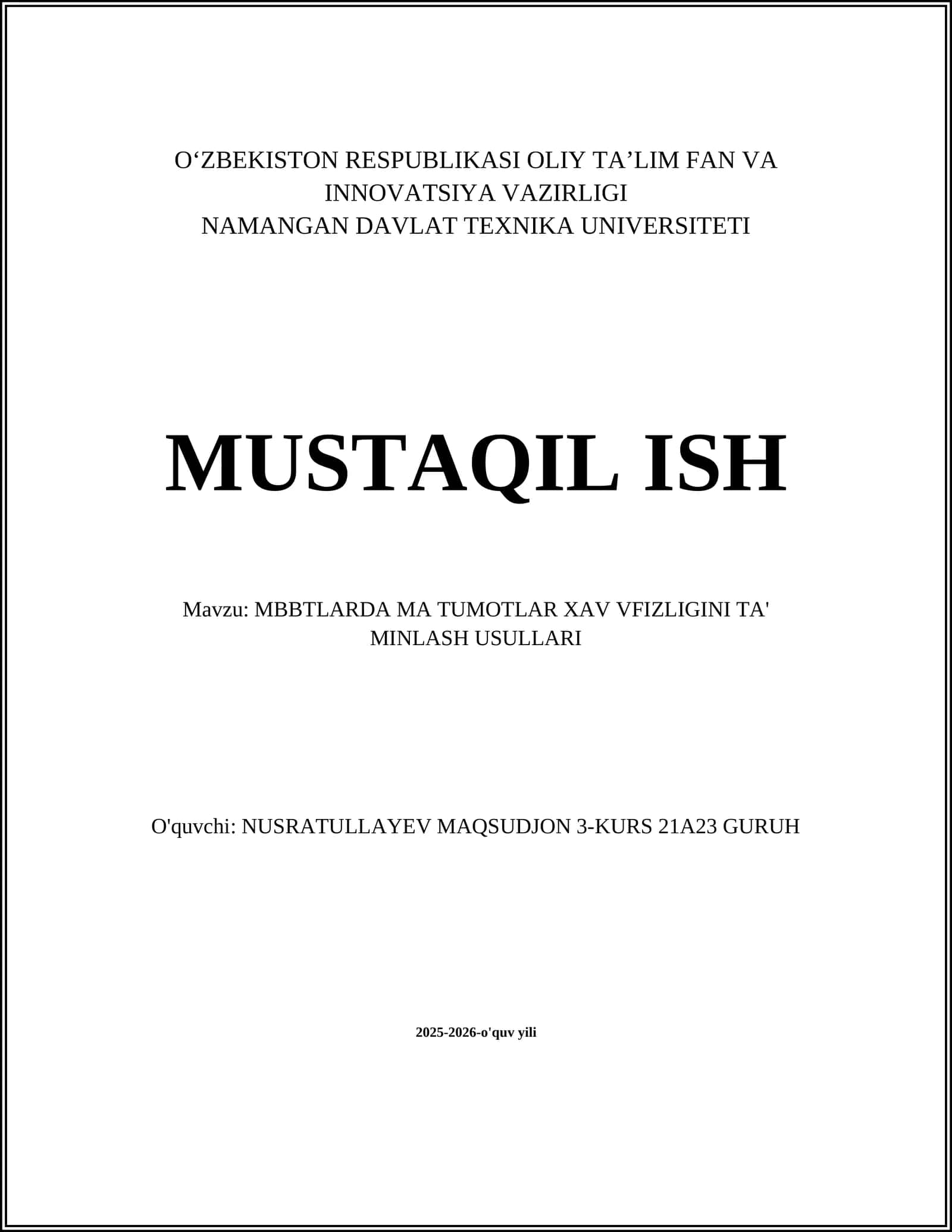 MBBTLARDA MA'TUMOTLAR XAVFIZLIGINI TA'MINLASH USULLARI 1