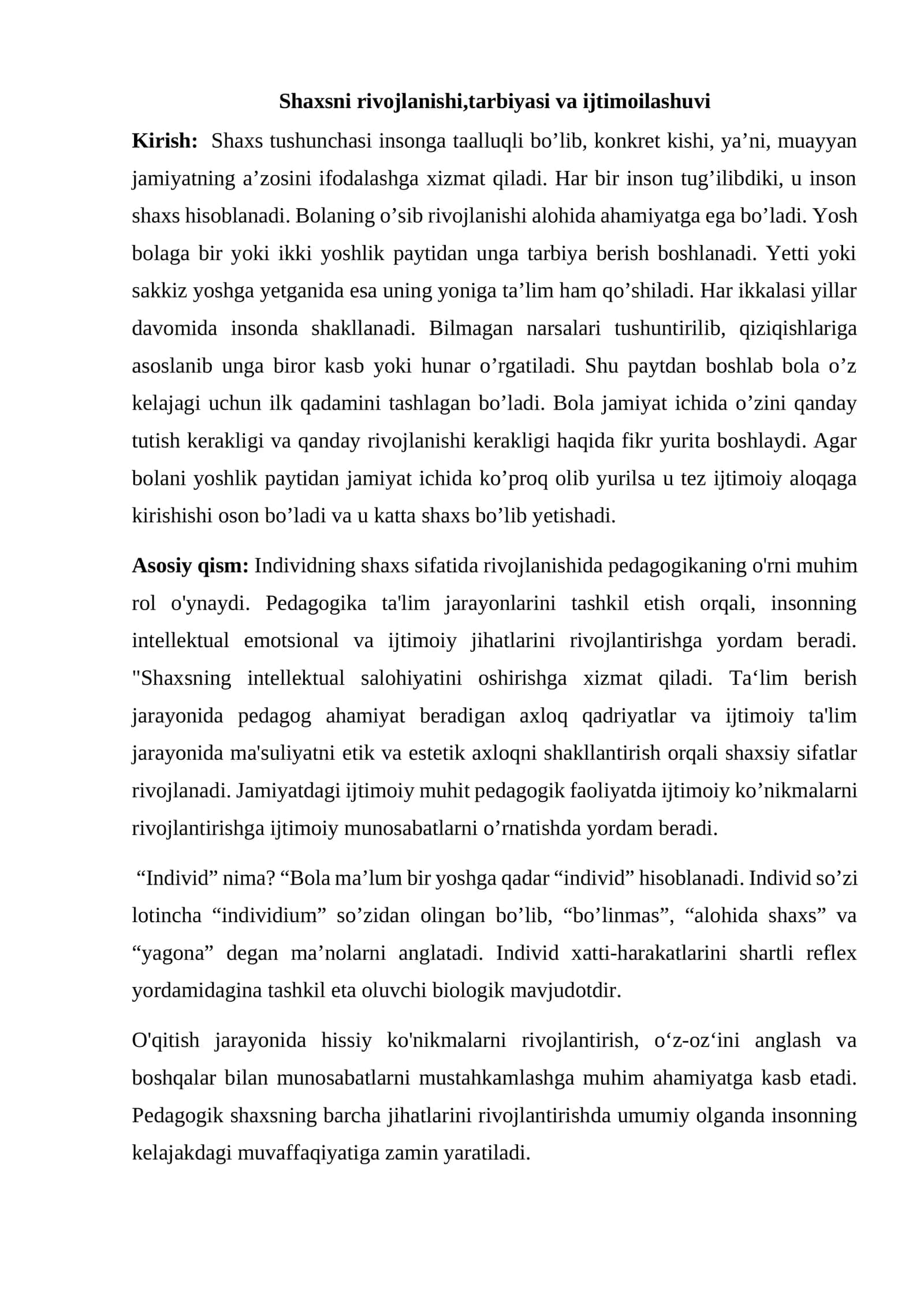Shaxsni rivojlanishi,tarbiyasi va ijtimoilashuvi 1