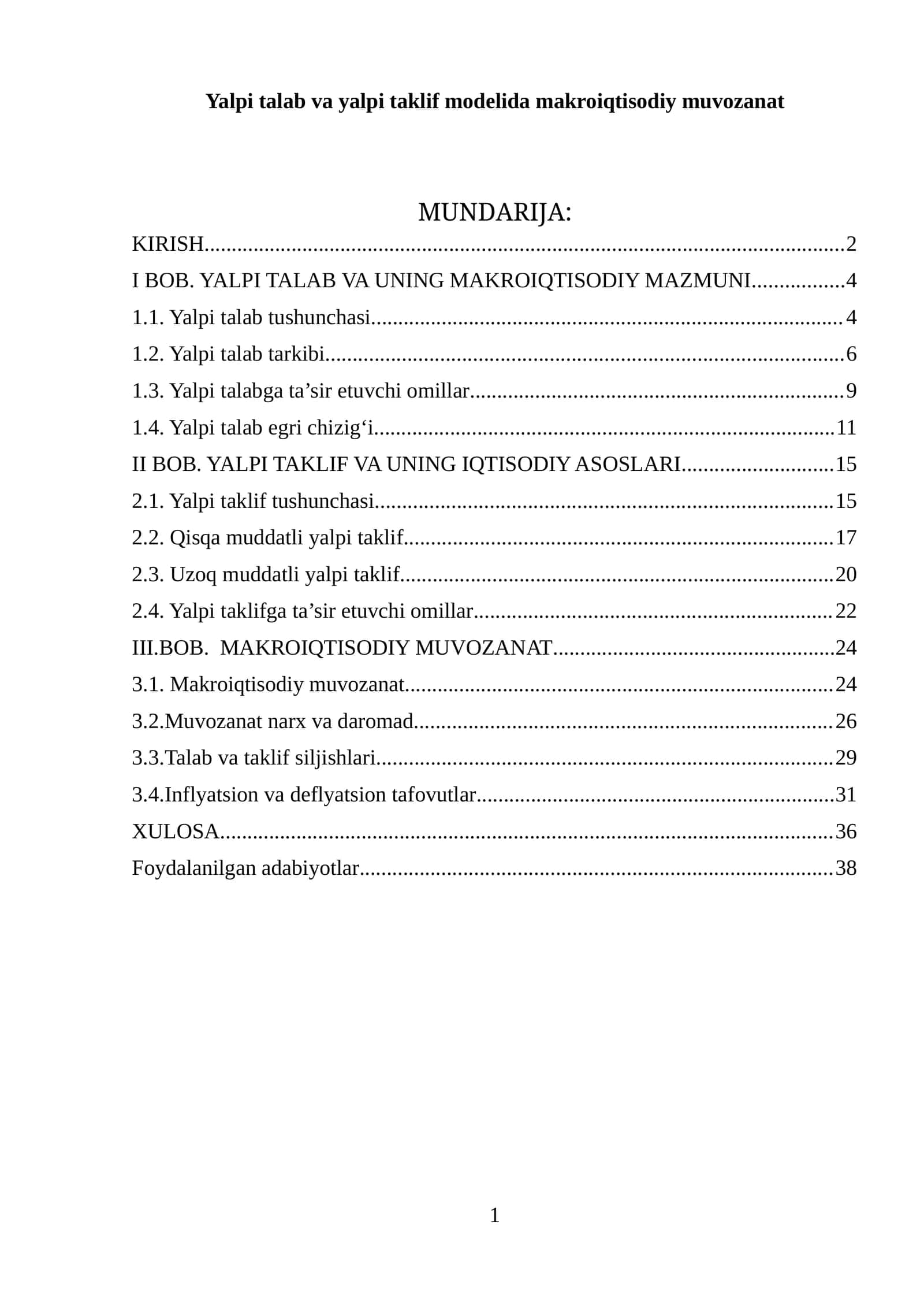 Yalpi talab va yalpi taklif modelida makroiqtisodiy muvozanat 1