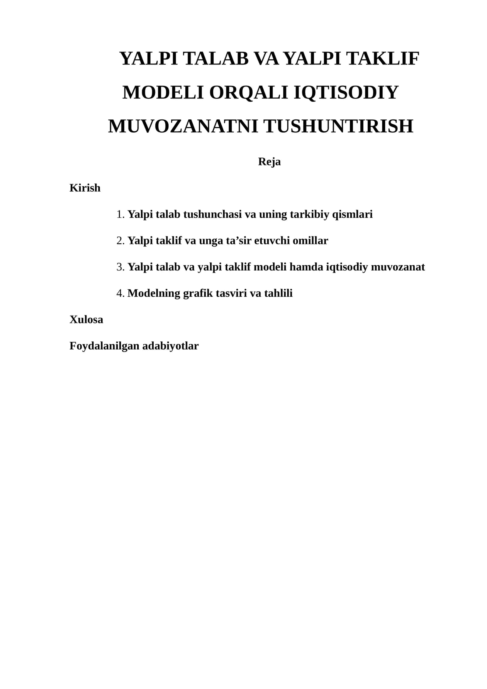 Yalpi talab va yalpi taklif modeli orqali iqtisodiy muvozanatni tushuntirish 1